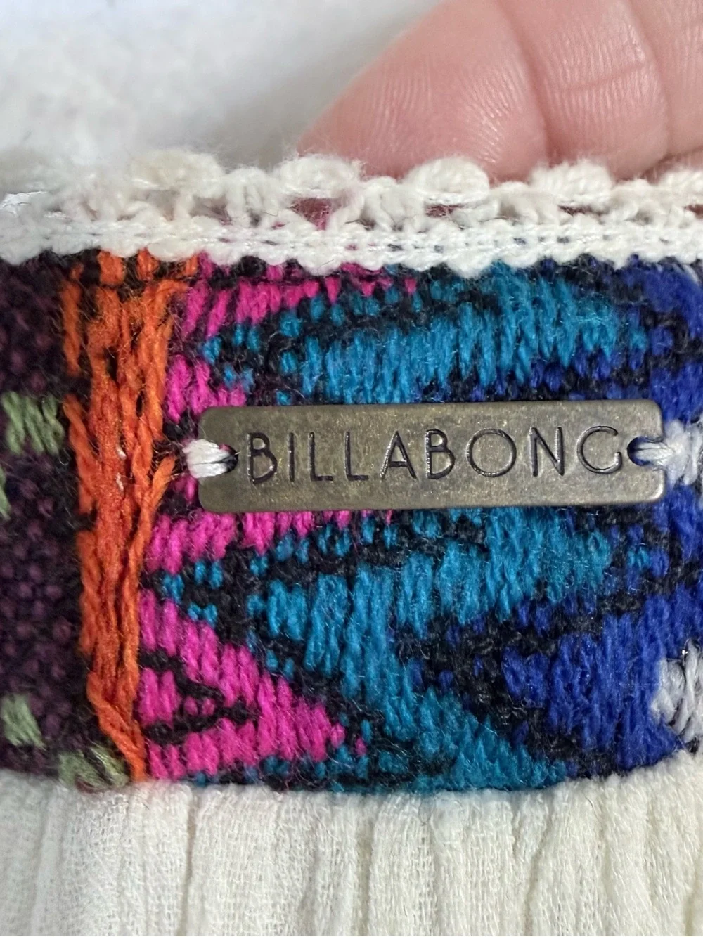 Billabong White Peasant Blouse with Multicolor Embroidered Square Neck- Size L - Picture 12 of 15